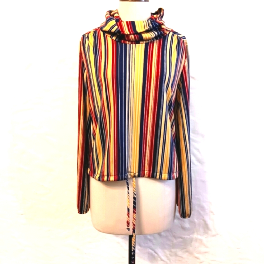 Vintage striped top w Cowl neck Collar & poof sleeves. Imagery. Medium.